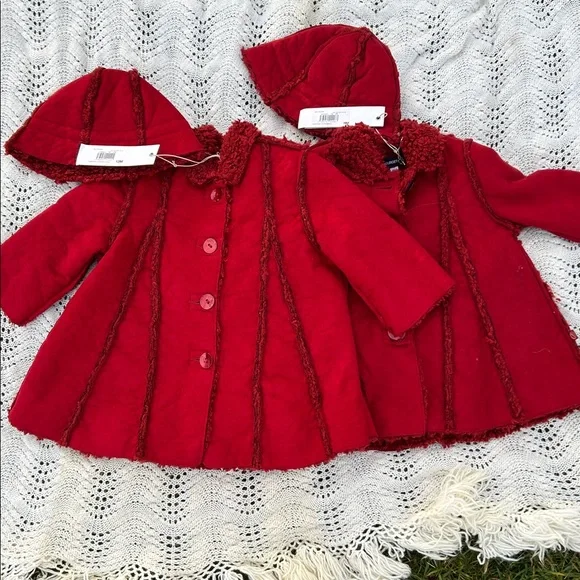 NWT Jean Bourget Cranberry Faux Suede Fleece Lined Girls Coat & Hat Sz 9 mo - Picture 11 of 11